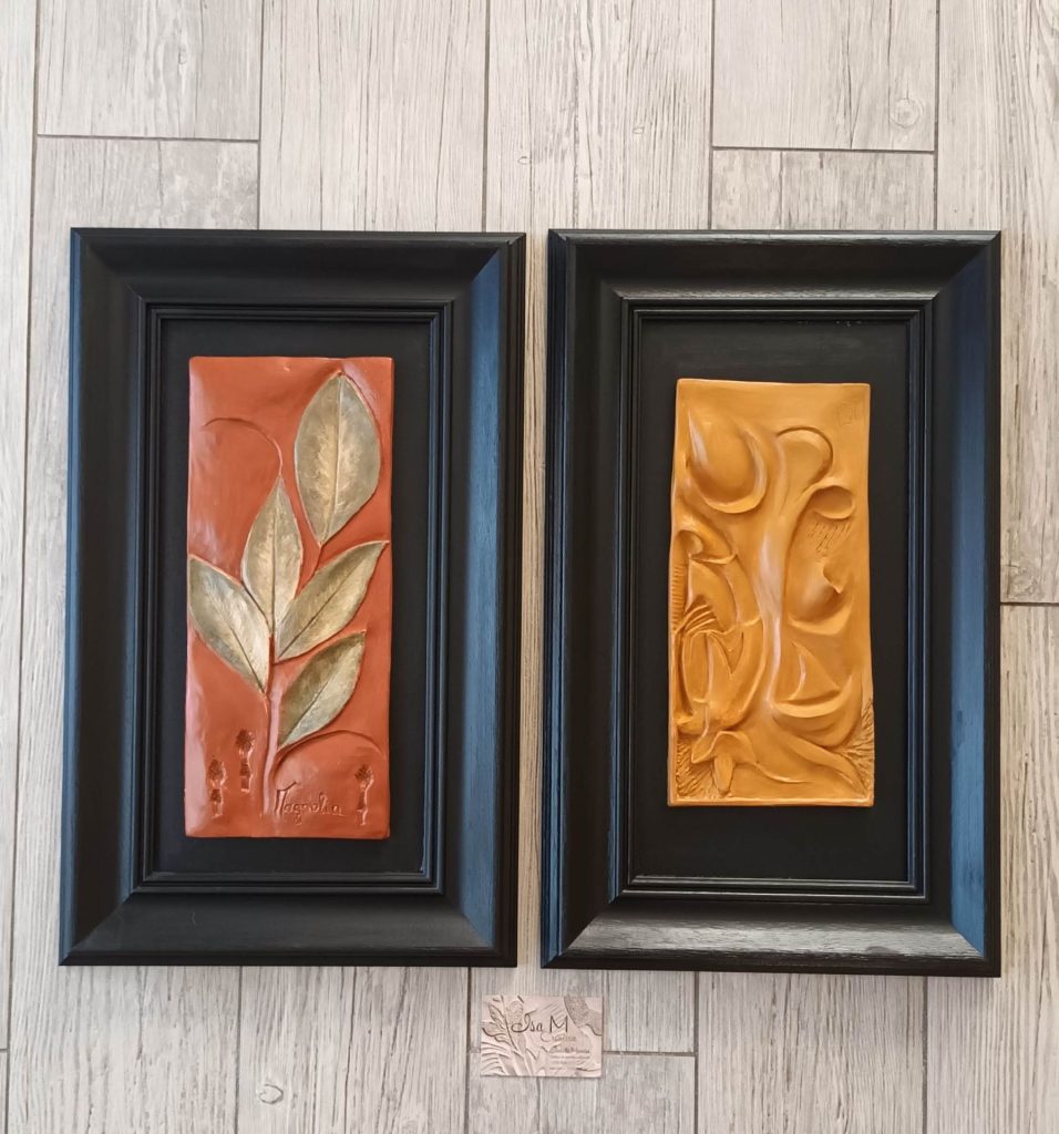 Tableaux herbiers, ocre orange et jaune, encadrement bois, Isabelle Morales